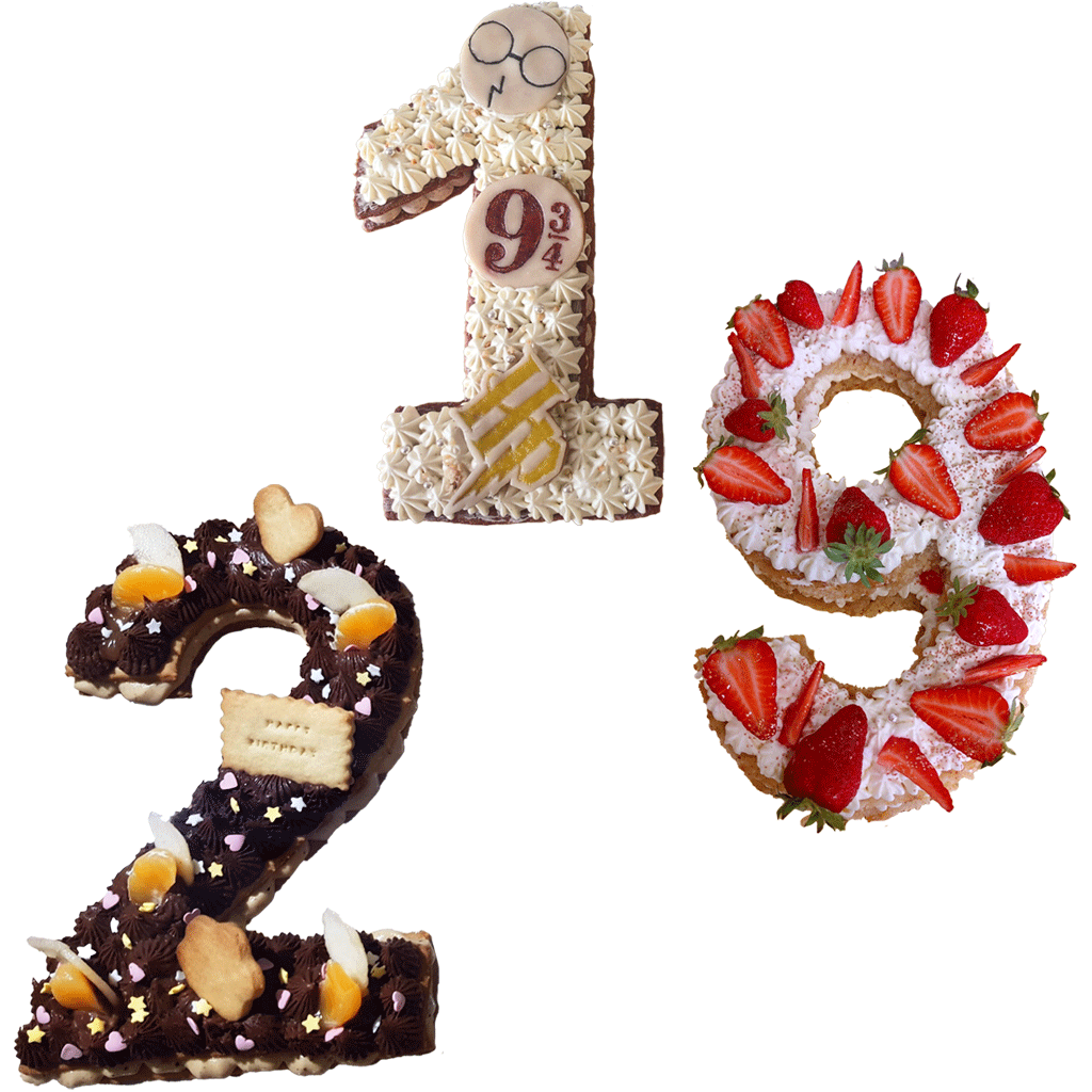 Montage de number cakes en forme de chiffres 1, 2 et 9, décorés de thèmes Harry Potter, chocolat et fraises, parfaits pour des anniversaires ou célébrations.